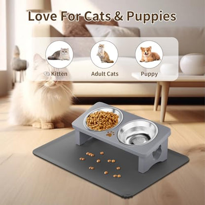 Elevated Cat Bowls, 15° Tilted Raised Cat Food Bowl with Solid Wood Stand & Stainless Steel Dishes, Cat Feeding Station with Silicone Mat, Helps Reduce Vomiting for Cats & Small Dogs(Slate Grey) - color: Gray
