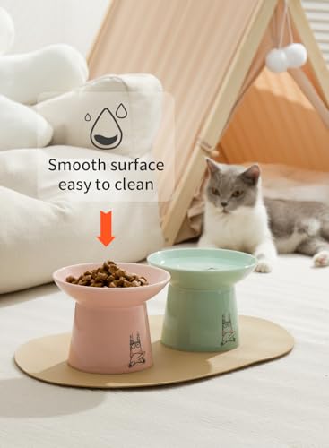 Extra Wide Elevated Ceramic Cat Bowls, 6.5 Inch Raised Pet Bowl Set for Food & Water, Whisker Fatigue Shallow Food Dish for Elder Big Cats Small Dogs, Set of 2, Green & Pink - color: Green & Pink