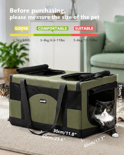 Pecute Dual Compartment Pet Carrier for Multi-Cat Families & Small Dog Owners, Collapsible Dog Crate with Reinforced Steel Frame, Car Safety Design for Travel, Vet Visits & Home Use, Green - color: Green