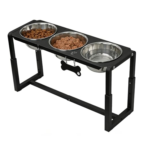 Metal Elevated Dog Bowls, Raised Dog Bowls for Medium/Large Sized Dogs with Three 58oz Stainless Steel Food Bowls, 3 Adjustable Height (8.8"/11.5"/14") Dog Bowl Stand Protect Neck & Joints - size: 8.8-14" | M/L Dogs | 3×58oz Bowls