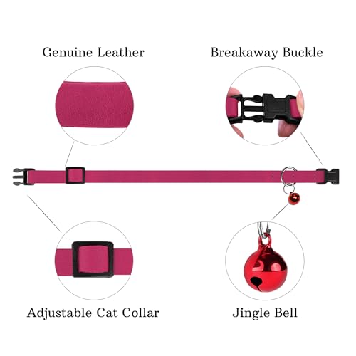 Breakaway Cat Collar Leather with Removable Bell - 13 Colors Available - Soft Adjustable Girl Boy Safety Lightweight Pet Kitten Collars Pink Brown Blue Green Red Orange Black (Pink) - color: Pink