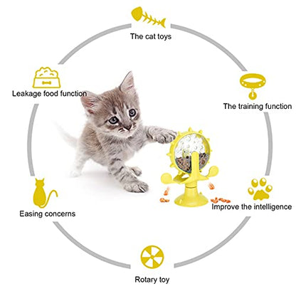 GLOGLOW Interactive Cat Puzzle Feeder, Windmill Treat Dispensing Cat Toy, Indoor Playtime, Suction Cup, Slow Feeding, for Cats, Kittens, and Puppies Training Rewards - color: yellow