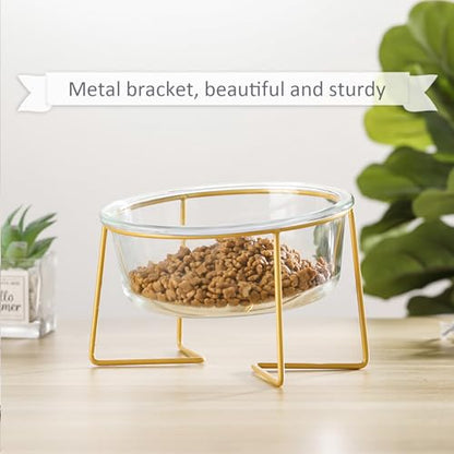 Large Glass Tilted Elevated Cat Dog Bowl Raised Cat Food Water Bowl Dish Pet Comfort Feeding Bowls with Gold Iron Stand - color: Glass, size: Large