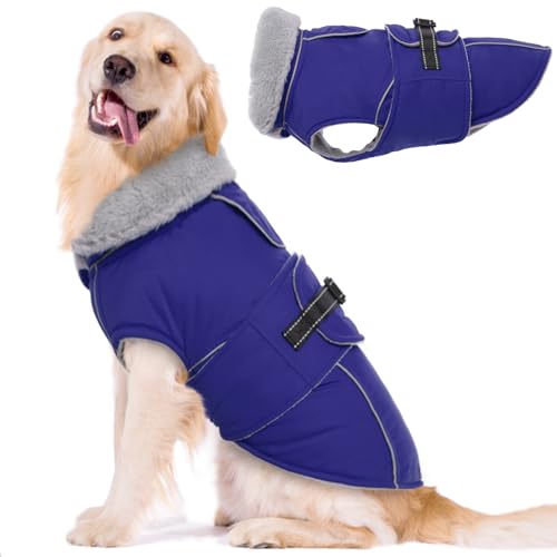 Lelepet Warm Dog Winter Coat Waterproof Dog Jacket with Adjustable Buckle & Leash Hole Reflective Pet Fleece Snowsuit Turtleneck Windproof Cold Weather Coats, Blue, XL - color: Blue, size: XL