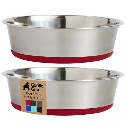 GORILLA GRIP Dog Bowls, Food Grade 304 Stainless Steel, Holds 4 Cups Each (32 fl oz) Food and Water Bowl for Feeding Dogs and Cats, Dishwasher Safe, Rust Resistant, BPA Free Rubber Base Set of 2 Red - color: Red, size: 4 Cup (32 Oz)