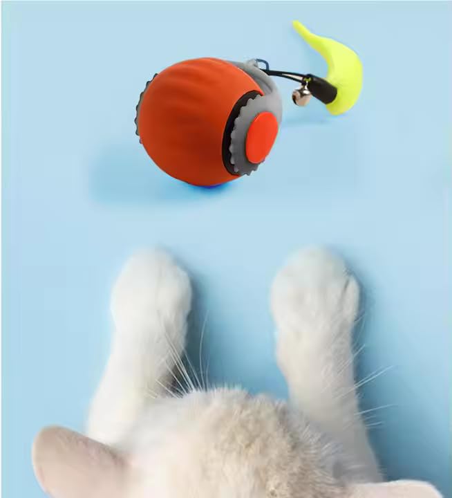 Interactive Cat Toy Ball - Automatic Rolling Rechargeable Cat Toy, Chasing Ball for Indoor Cats & Kittens, Feather Tail, Self-Moving Toy, Fast & Slow Speed (Blue)