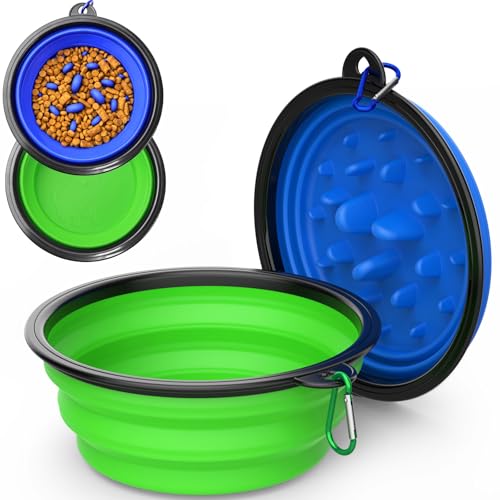 2 Pack [Slow Feeder Design + Regular], Collapsible Dog Bowl Travel Portable Pet Bowls, [34oz,1000ml] Foldable Food Water Feeding Dishes for Traveling Hiking Walking with Carabiners [Blue,Green] - color: Blue+Green