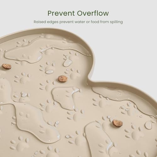 PWTAA Dog Food Mat Anti-Slip Silicone Dog Bowl Mat Thicker Pet Placemat Waterproof Cat Feeder Pad with Raised Edge Puppy Kitten Feeding Mats Suitable Small Medium-Sized Dogs Cats Eating Tray - color: Beige, size: 19.4" x 9.8"