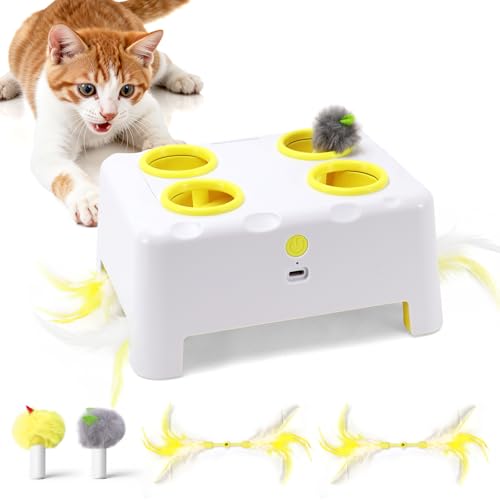 Cheese Box Interactive Cat Toy for Indoor Cats, 3-in-1 Whack a Mole Feather Toy, 3 Modes Rechargeable Auto Cat Toys for Bored Cats, 4 Holes Kitten Toy, 4 Accessories (White) - color: White