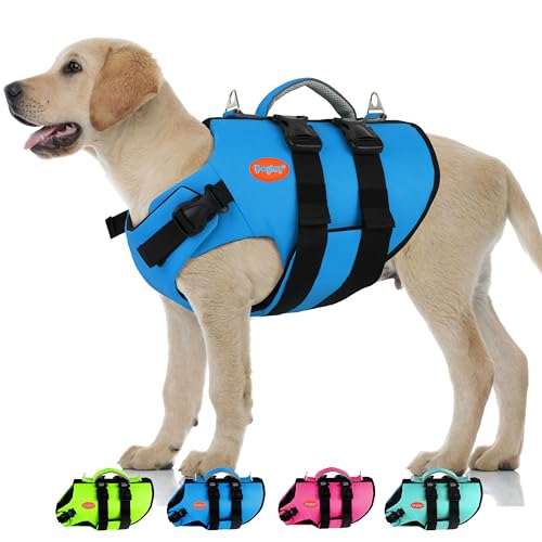 Dog Life Jacket Neoprene, High Buoyancy Dog Harness Life Vest for Swimming and Boating, Adjustable Swim Vest with Rescue Handle for Small Medium Large Dogs - color: Blue, size: Medium