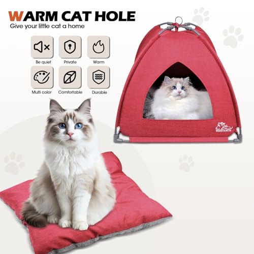 Winsterch Cat Bed Cave for Indoor Cats, Small Pet Tent Cave for Cats, Kittens, and Small Dogs, Warming Cat House with Removable Washable Cushion (18.5'‘ x 18.5’' x 15.8'',Red) - color: W-Red