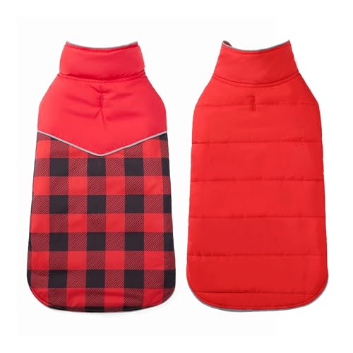 Geyecete Dog Winter Coat,Reversible Dog Coat Water Resistant British Style Plaid Dog Winter Coats Leash Hole Soft Basic Warm Dog Coat Jacket-Red-M - color: Red, size: Medium