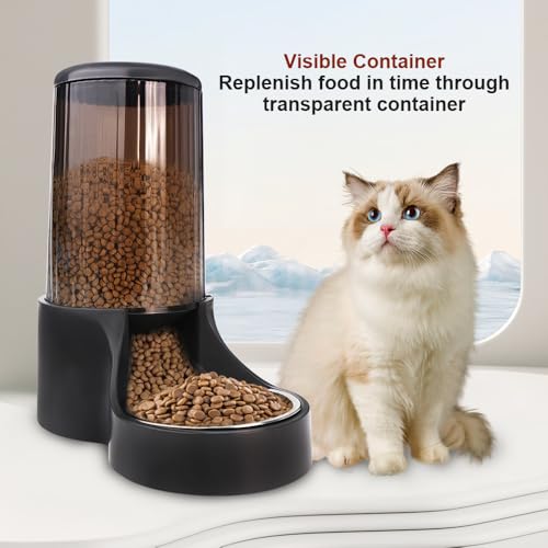 Automatic Cat Feeder, 3.8L Large Gravity Cat Food Dispenser with Detachable Top Lid, Visible Bottle and Stainless Steel Bowl for Pets (Full Black) - color: Full Black