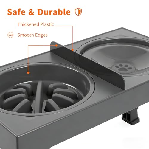 3-in-1 Elevated Slow Feeder and Water Bowls for Dogs, 4 Height Adjustable Raised, Separate Dry and Wet Areas, Prevent Water Overflow, Foldable Pet Bowl