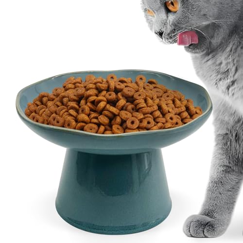 VCEPJH Raised Cat Food Bowls Shallow Cat Plate Ceramic Elevated Cats Dish 6.1in Flat Anti Whisker Fatigue Wide Pet Food & Water Feeder for Indoor Kitty Kitten (Blue) - color: blue
