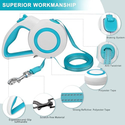 enrgticdg 16Ft Retractable Dog Leash,Night Reflection,Light Weight Leash for Small to Medium Dogs/Cats,Stainless SteelSpring,Strong Nylon Tape,One-Handed Brake(Blue-White) - color: Blue-White