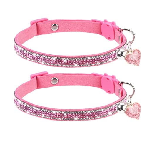 Rhinestone Cat Collar Breakaway with Bell Safety Buckle, 2 Pack Bling Diamond Kitten Collar for Gril Cats, Soft Velvet Female Cat Collars Adjustable 8-12 Inch, Pink - color: Rose Pink(2 Pack), size: 8"-12" Cats / Mini Dogs