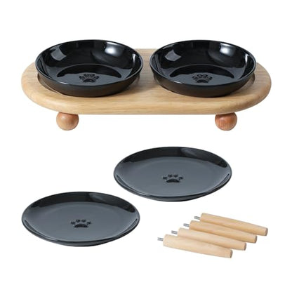 Havniva Cat Bowls Elevated 5.6” Ceramic Cat Bowl with Stand Whisker Friendly Cat Dishes, Cat Food & Water Bowl Set with Two Heights Options, Raised Cat Food Plates for Kitten Anti-Slip Pet Bowls - color: 2 Bowls+2 Shallow Dishes+Stand- Black