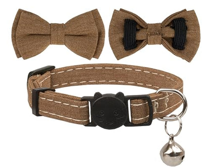 Cat Collar Breakaway Bowtie Safety with Bell Adjustbale Kitten Puppy Solid Plaid Color Set A-[2pcs] Brown & Beige - color: A-[2pcs] Brown & Beige