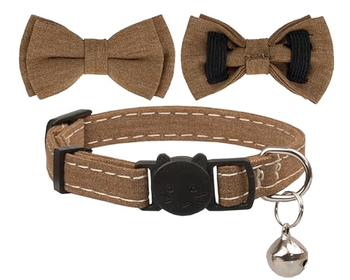 Cat Collar Breakaway Bowtie Safety with Bell Adjustbale Kitten Puppy Solid Plaid Color Set D-[2pcs] Brown - color: D-[2pcs] Brown