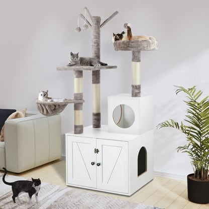 Timberer Litter Box Enclosure with Cat Tree, 2-in-1 Hidden Litter Box Furniture with Scratching Post, Modern Cat Condo, White - color: White