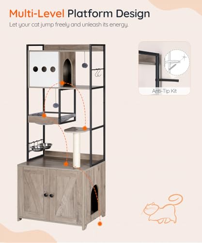 HOOBRO Cat Tree with Litter Box Enclosure, 58.7" H Cat Tower with Hidden Litter Box Furniture, with Scratching Post, Step, Hammock, Multifunctional Pet Furniture with Food Bowls, Greige BG30MZ03G1