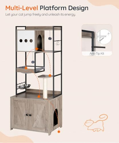 HOOBRO Cat Tree with Litter Box Enclosure, 58.7" H Cat Tower with Hidden Litter Box Furniture, with Scratching Post, Step, Hammock, Multifunctional Pet Furniture with Food Bowls, Greige BG30MZ03G1