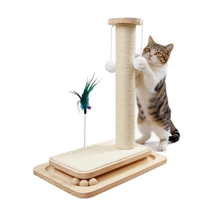 Cat Scratching Post, 5-in-1 Natural Sisal Cat Scratcher with Wood Base, Interactive Ball Track & Spring Feather Toy for Indoor Kittens Small Cats 18" - size: 18 inches