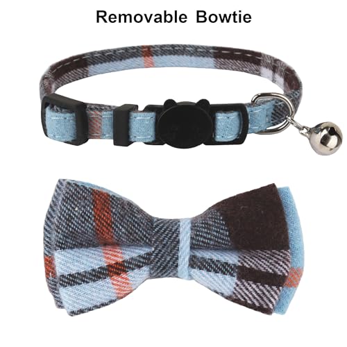 ADOGGYGO Plaid Cat Collars Breakaway with Bow Bell, Removable Bowtie, 2 Pack Beige Blue Plaid Kitten Bow Collar for Cats Kittens - color: Beige&Blue-1