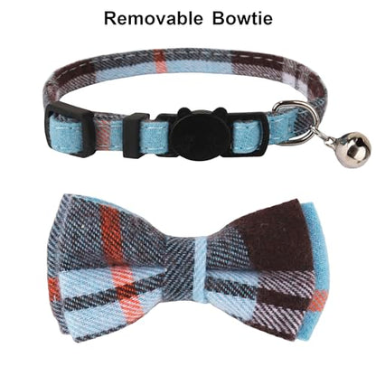ADOGGYGO Plaid Cat Collars Breakaway with Bow Bell, Removable Bowtie, 2 Pack Beige Blue Plaid Kitten Bow Collar for Cats Kittens - color: Beige&Blue-1