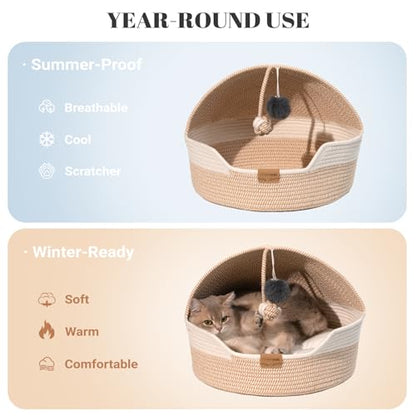Cat Basket Bed with Washable Cushion and Ball Rope Cotton, Covered Pet Bed for Indoor Cats Cave Bed Hooded, Stimulicat Cat Bed Handwoven Breathable, All Season Universal(White) - color: White