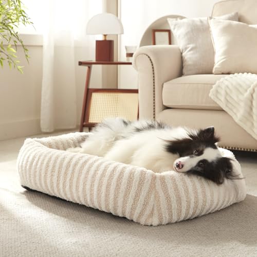MIXJOY Dog Bed Medium Size Dog, Washable Medium Dogs Bed with Removable Cover, Soft Rectangle Pet Ded Fluffy Plush Faux Fur Pet Bed with Anti-Slip Bottom, 30"x30"x8", White - color: White, size: M(30"Lx24"Wx8"Th)
