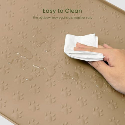 PWTAA Dog Food Mat Anti-Slip Silicone Dog Bowl Mat Thicker Pet Placemat Waterproof Cat Feeder Pad with Raised Edge Puppy Kitten Feeding Mats Suitable Small Medium-Sized Dogs Cats Eating Tray - color: Khaki, size: 19.4" x 9.8"