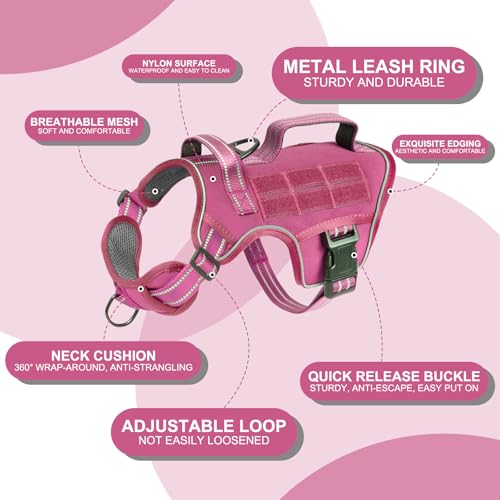 Small Dog Harness, Heavy Duty Tactical No Pull Dog Harness, No Choke, Easy On and Off Pet Vest with Molle System, Adjustable Reflective Dog Vest with Breathable Padded for Walking Hiking Training - color: Pink, size: S(Neck:16-22",Chest:20-28"),18-35 lbs