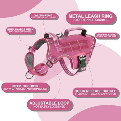 Small Dog Harness, Heavy Duty Tactical No Pull Dog Harness, No Choke, Easy On and Off Pet Vest with Molle System, Adjustable Reflective Dog Vest with Breathable Padded for Walking Hiking Training - color: Pink, size: S(Neck:16-22",Chest:20-28"),18-35 lbs