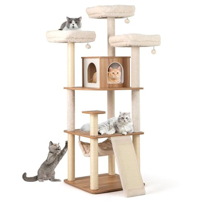 Tangkula Tall Cat Tree, 68 Inch Modern Wood Cat Tower with Sisal Scratching Posts, 3 Padded Perches, Condo, 2-in-1 Ladder, Dangling Balls, Washable Cushions for Indoor Cats Large Adult (Natural)