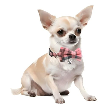 Pink Plaid Bow Kitten Collar with Bell, Breakaway Puppy Collar Bell with Bowtie Christmas Dog Collars Female for XXS Xs Small Tiny Little Pet Dogs Girl Kitten, for Hoilday Birthday Party - color: Pink Plaid