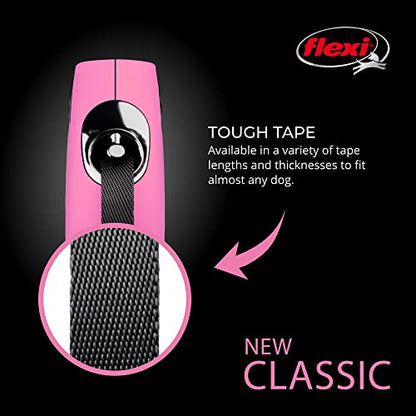 FLEXI New Classic Tape Retractable Dog Leash for Small Dogs Up to 33 lbs. – 16 ft., Pink Tangle-Free Pet Walking Leash with One-Handed Brake, Pause, Lock German Quality Product - color: Pink, size: Small - 16 Feet (Tape)
