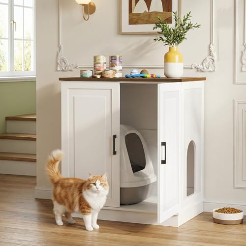 MAHANCRIS Large Cat Litter Box Enclosure, 33.5" Tall Hidden Litter Box Furniture for Small Self Cleaning Litter Box, Farmhouse Wooden Litter Box Cabinet, Cats House, Side Table, White and Walnut