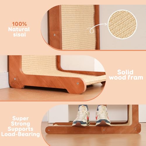 Large Cat Scratching Post for Indoor Cats,26.8'' Solid Wood Frame Natural Sisal L Shape Cat Scratch Pad, Vertical Cat Scratcher,Cat Scratching Board Cat Scratch Post,Perfect Cat Furniture