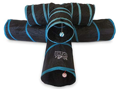 Feline Ruff Premium 3 Way Cat Tunnel. Extra Large 12 Inch Diameter and Extra Long. A Big Collapsible Play Toy. Wide Pet Tunnel Tube for Other Pets Too! - color: Black/Blue