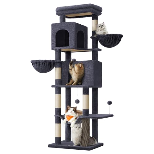 Feandrea Cat Tree, 69-Inch Tall Cat Tower, Multi-Level Plush Condo with 2 Caves, 2 Baskets, 5 Scratching Posts, Self-Groomer, Perch, Hammock, Dark Gray UPCT182G02 - color: Dark Gray