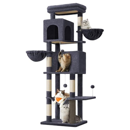 Feandrea Cat Tree, 69-Inch Tall Cat Tower, Multi-Level Plush Condo with 2 Caves, 2 Baskets, 5 Scratching Posts, Self-Groomer, Perch, Hammock, Dark Gray UPCT182G02 - color: Dark Gray