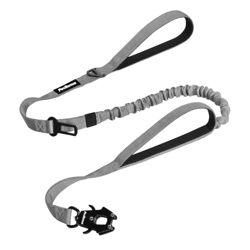 Heavy Duty Tactical Dog Leash, 5 FT Bungee Shock Absorption Leash with 2 Padded Handles, Quick Release Metal Clip, Car Seatbelt, No Pull Training Lead for Large Medium Dogs（Grey） - color: Grey