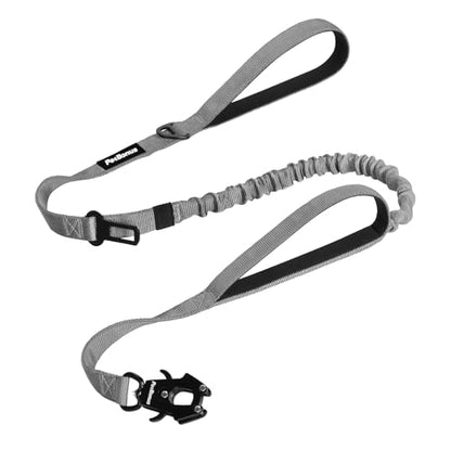 Heavy Duty Tactical Dog Leash, 5 FT Bungee Shock Absorption Leash with 2 Padded Handles, Quick Release Metal Clip, Car Seatbelt, No Pull Training Lead for Large Medium Dogs（Grey） - color: Grey