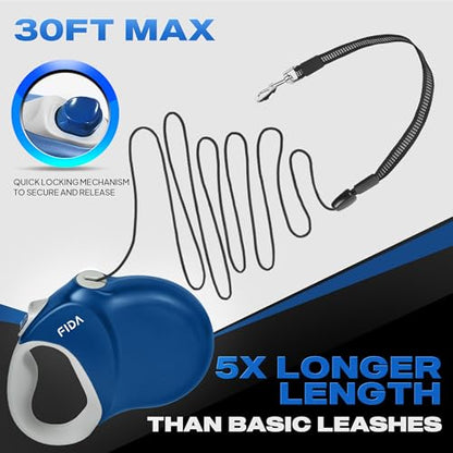 Fida 30ft Upgraded Retractable Dog Leash, Heavy Duty Pet Walking Leash for Medium/Large Breed up to 110 lbs, 360° Tangle-Free Long Retract Dog Lead, Soft Grip, One-Hand Brake, Blue - color: Blue, size: Large（30ft）