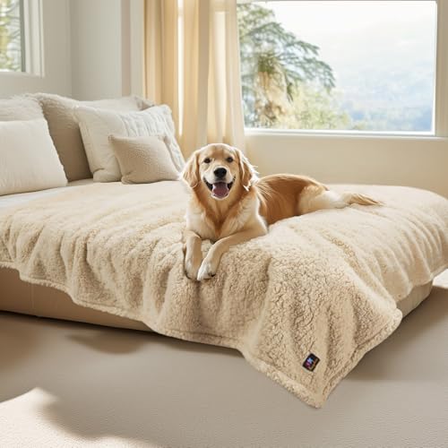 Luciphia Waterproof Pet Blanket for Medium Large Dogs Soft Cat Sherpa Calming Thick Cover Leakproof Cozy Puppy Sofa Bed Car Couch Protector(Beige,80x63 inches) - color: Beige, size: 80x63 inches