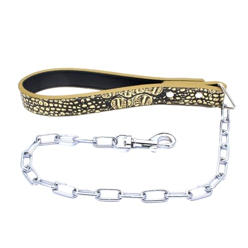 28 inch Length Heavy Duty Dog Chain Lead Leash Leather Handle for Large & Medium Size Dogs Walking,Traffic Training and Traveling (Gold Brown) - color: Gold Brown