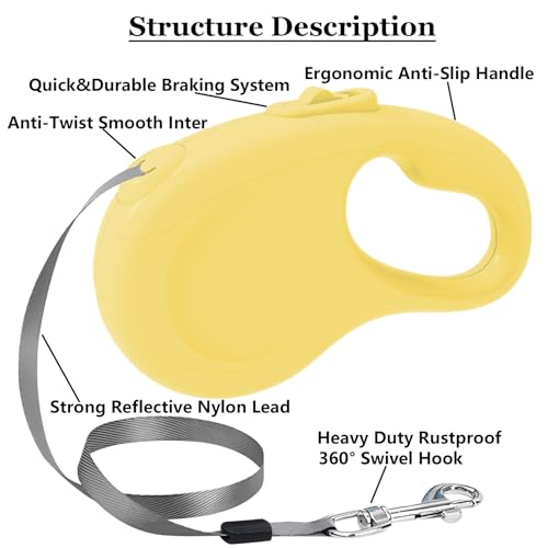 Retractable Dog Leash, 16Ft/5M Light Weight Retractable Leash for Small Medium Dogs/Cats Up to 50lbs, Strong Nylon Tape 360° Tangle-Free One-Hand Brake (Yellow) - color: Yellow