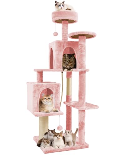 58.5inch Large Cat Tree Tower Condo for Indoor Cats, Soft Plush Multi-Level Climbing Tree Cat House with 1 360° Rotating Cat Cave, Scratching Post, More Entrance/Exit, Sisal Rope, Pink - color: Pink
